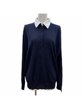Prada 100% Virgin Wool Collared 2-Way Long Sleeve Polo Shirt Knit Navy 44